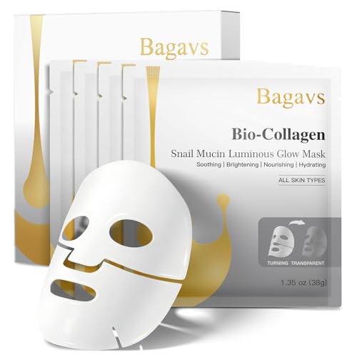 Bagavs Mascarilla Facial de Bio-Colágeno con Baba de Caracol, Hidratación Profunda, Antiarrugas, Luminosidad y Mejora de la Piel, Ideal para Todo Tipo de Piel, Pack de 4