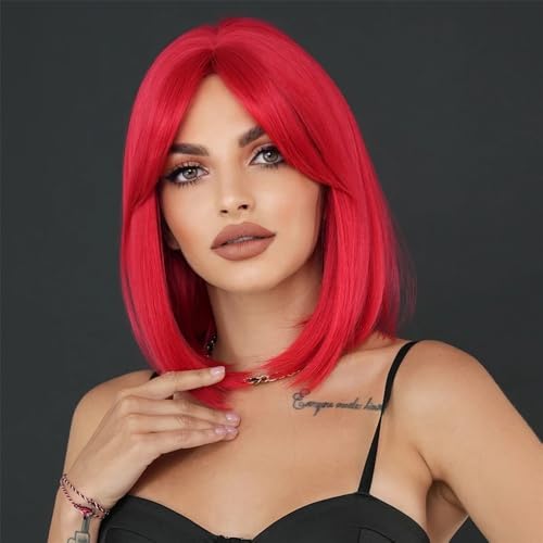 Perruque synthétique rouge longue et lisse avec frange pour femme