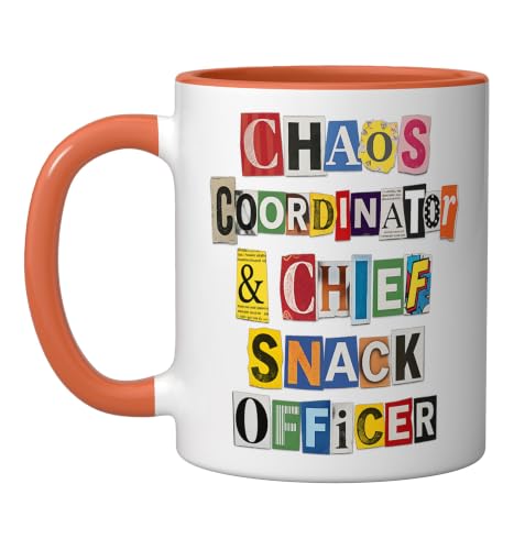 Chaos Coordinator Chief Snack Officer Funny Quote Ceramic Mug, Orange/White