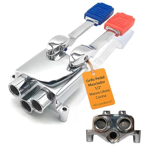 RO Linea Blanca ® Grifo Pedal Doble Mezclador Para Fregadero Agua Fria Y Caliente Acero Inoxidable Entradas Y Salida 1 2 Hembra Montaje En Suelo Bajo Fregadero Ahorro Agua Manos Libres Hosteleria