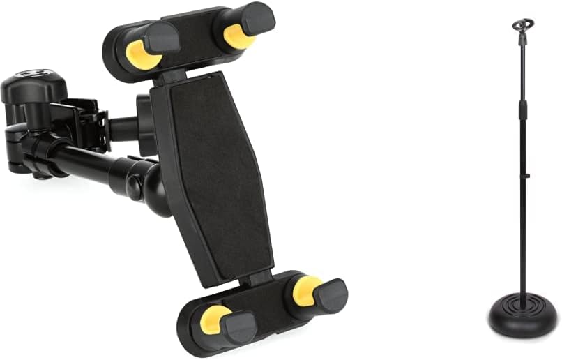 HERCULES DG307B Adaptive Tablet and Phone Holder & Pyle-PRO Microphone Stand - Universal Mic Mount with Heavy Compact Base, Height Adjustable (2.8’ - 5’ ft.) - PMKS5