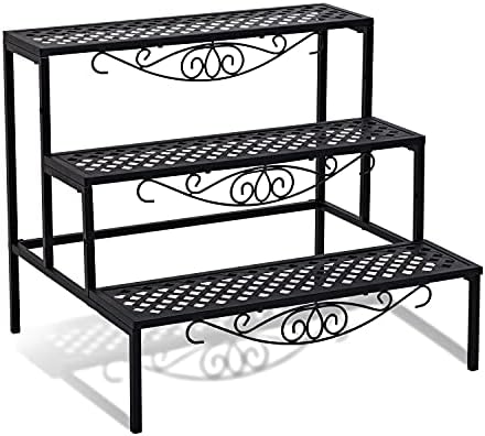 3 Tier Metal Plant Stand,Rectangle or Round Decorative Flower Step,Garden Shelf Flower Pot Holder Storage Organizer Rack for Indoor Outdoor Use