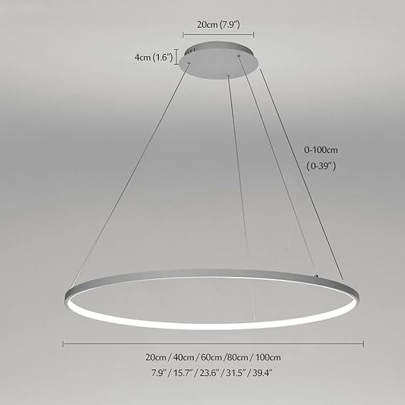 Ring Circle LED Pendant Light, Modern Metal Acrylic Chandelier Height Adjustable Hanging Lamp For Living Room, Bedroom, Dining Table,White+Neutral Light-20cm 13W