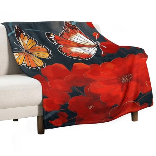 Plaid en flanelle rouge confortable couverture douce lit motif papillons - 2