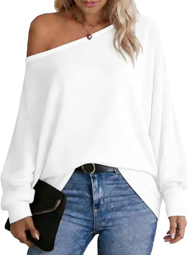 Dressmine White t Shirt Women Off Shoulder Tops Batwing Sleeve Jumper Plain Shirt Winter Casual Long Sleeve Blouse Baggy Top