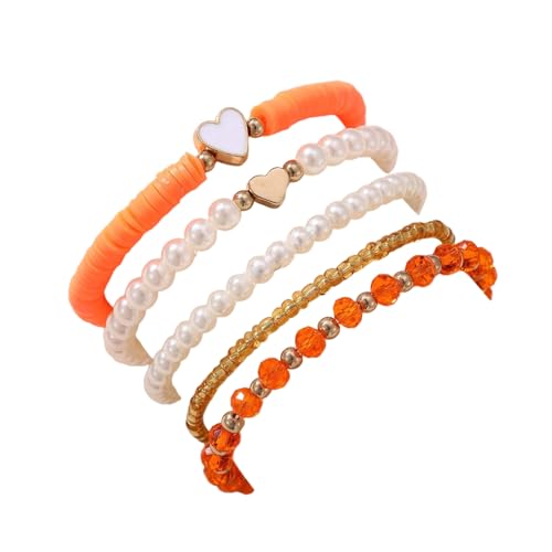 Bohemia Multilayer Heart Imitation Pearl Beaded Stackable Bracelets Set Colorful Surfer Heishi Clay Gold Beads Stretch Bracelets for Women Men Summer Beach Boho Vacation Jewelry Gifts-Orange