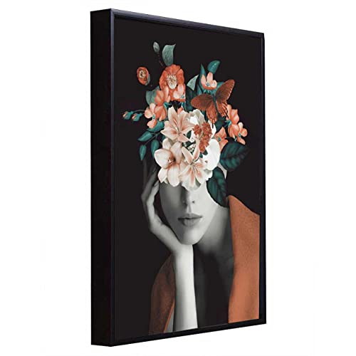 Image of PAINTINGMANTRA Masala Brown Girl & Flower Bouquet Black Framed Canvas Print for Wall, Home and Living Room Decoration (Size - 23 x 17 Inchs)
