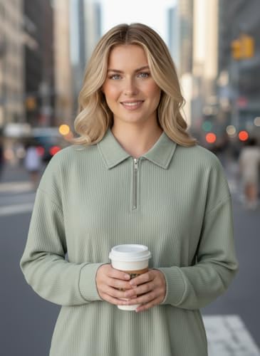Image of Mack Jonney Women's Ribbed Zip Polo T-Shirt | Full Sleeve Collared Top | Camel Beige Casual Sweatshirt | Regular Fit-M7403