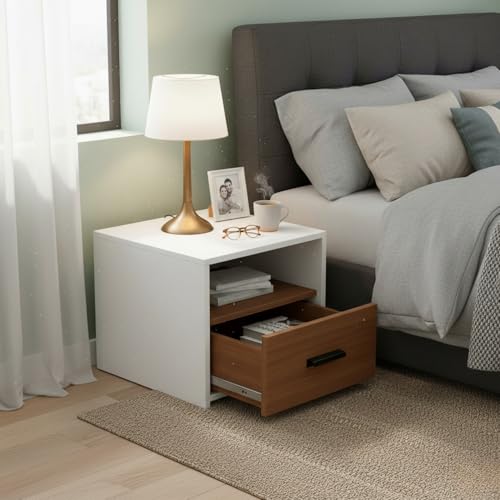 Image of FFO Side Tables for Bedroom with Drawers | Bed Side Table for Bedroom with Drawer, Wooden Bedside Drawer with Open Shelf, Modern Side Table for Bed Room, White Walnut Finish, DIY