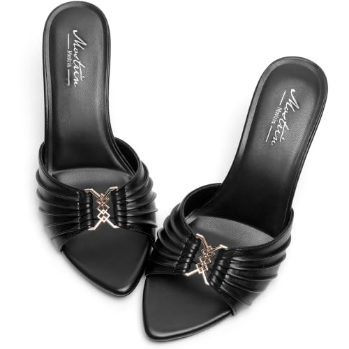 Image of Mostrin Kitten Heels for Women Summer Mules Heels Stiletto Heeled Sandals Slip On Backless Dressy Womens Sandals