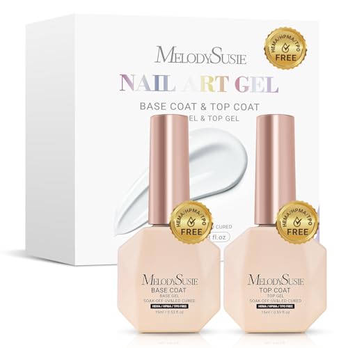 Image of MelodySusie 2PCS Hema Free Gel Top Coat and Base Coat Set,Hema Free,Hpma Free,Tpo Free,No Wipe,Soak off UV LED Drying,Long Lasting Gloss Shiny 15ML