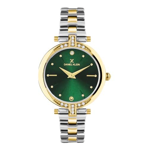 Daniel Klein Analog Green Round Dial Two Tone Silver Gold Metal Strap Stone-Studded Water-Resistant Wrist Watch for Women Girls, Ladies DK.1.12320-8