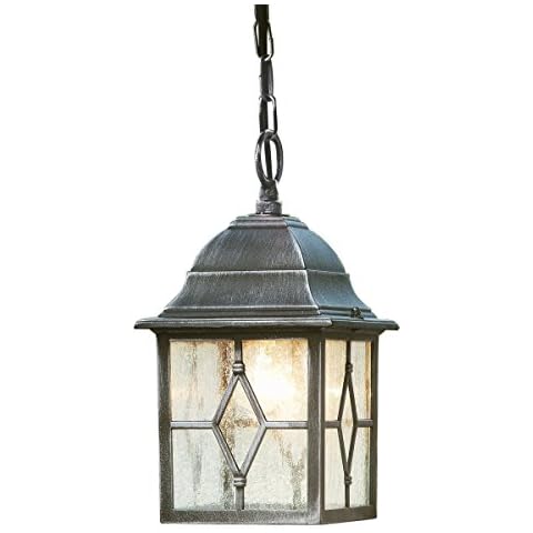 Traditional Style Black Silver Outdoor Security IP Rated Hanging Porch Chain Lantern Light with Leaded Style Cathedral Glass Panels - LED Compatible Cover