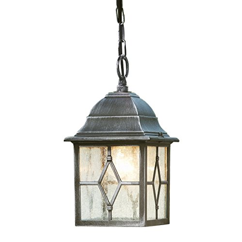 Traditional Style Black Silver Outdoor Security IP Rated Hanging Porch Chain Lantern Light with Leaded Style Cathedral Glass Panels - LED Compatible