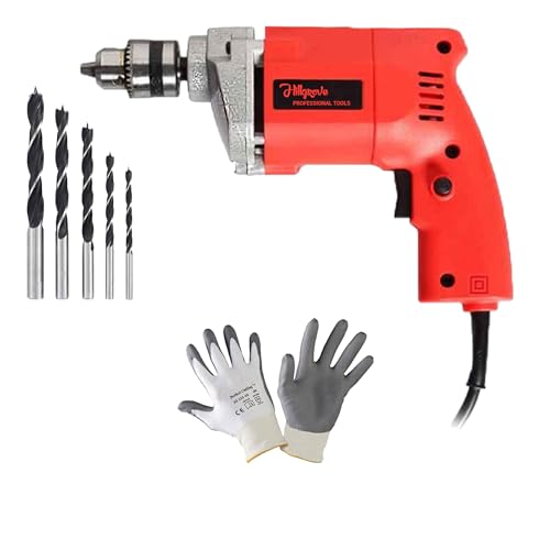 Image of Hillgrove HGCM1111M1 500W Power Drill Machine with Gloves, 5Pcs Wood Drill Bits for Making Holes in Metal /Wood /Concrete Pistol Grip Drill (10 mm Chuck Size)