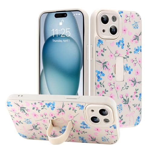LEOMAKRON for iPhone 15 Case with Finger Strap Kickstand Cute Pink Flower Heart Bowknot Pattern for Women Girls Full Camera Protection Aesthetic Shockproof TPU Design White