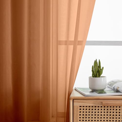 Image of Simplebrand Orange Short Sheer Curtains 45 Inch Length for Small Windows, Rod Pocket 2 Panels Set Solid Voile Drapes Window Sheer Curtains for Bedroom Bathroom Kids Room Kitchen, 42x45 Inch, 2pcs