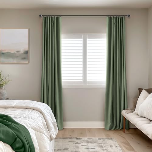 Image of INOVADAY 100% Blackout Curtains for Bedroom, Moss Green Black Out Curtains 120 Inch Long, Clip Rings Linen Blackout Drapes, Thermal Insulated Room Darkening for Living Room, 2 Panels - W50xL120