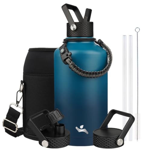 Image of Konokyo Insulated Water Bottle with Straw,87 oz 3 Lids Water Jug with Carrying Bag,Paracord Handle,Double Wall Vacuum Stainless Steel Metal Flask,Indigo Black