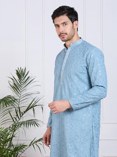 Image of Rajubhai Hargovindas Men Pure Cotton Chikankari Embroidered Straight Kurta