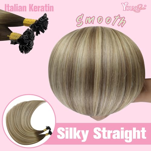 Image of YoungSee K Tip Hair Extensions Balayage Keratin Tip Hair Extensions Balayage 24 Inch Long Dark Brown Ombre Brown with Blonde 50s /50g