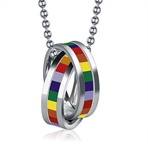 OIDEA Unisex Edelstahl Anhänger Dopplte Ringe Halskette Regenbogen Homosexuell LGBT Gay & Lesbian Pride Herren Damen mit 60.5cm Kugel Kette