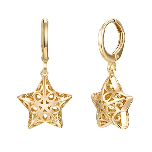 Boucles d'oreilles Or Jaune cerceau et étoiles ajourées, le bijou idéal du bureau aux soirées