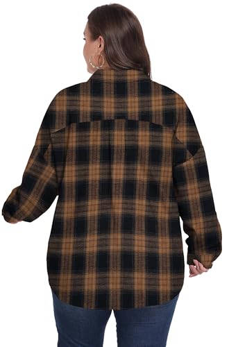 OLRIK Womens Plus Size Flannel Plaid Shirts Fall Roll Up Long Sleeve Collared Button Down Blouse Loose Fit Cozy Casual Top3