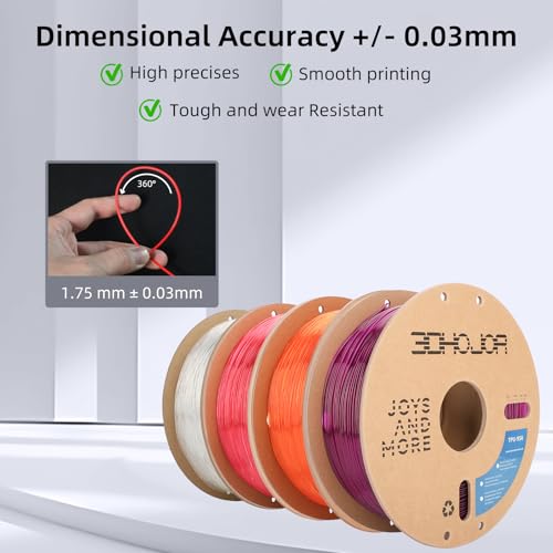 Image of 3DHojor TPU Filament 1.75mm TUP95A 3D Printer Filament Flexible Soft 3D Filament 1KG*4 Bundle fit Most FDM 3D Printers Dimensional Accuracy + /- 0.03 mm-Transparent Pink /Orange /Purple /Clear