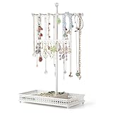 Meangood Jewelry Tree Stand Organizer 3in1 Necklace Organizer Display Bracelet Earrings and Ring Tray Jewelry Holder Hanger Metal(White)