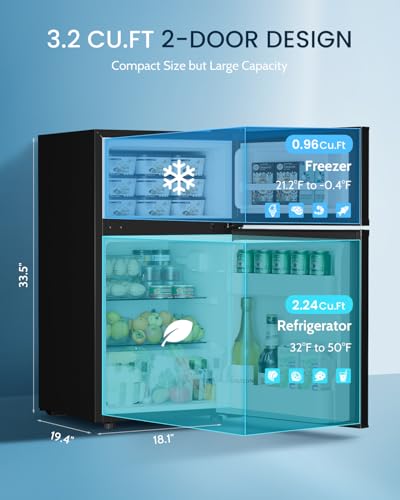 Image of Feelfunn 3.2 Cu.Ft Mini Fridge with Freezer - 2 Door Small Refrigerator, Mini Refrigerator with Adjustable Thermostat, Removable Shelves, Mini Fridge for Bedroom, Office, Dorm, Apartment, Black