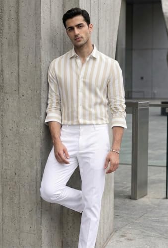 Image of IndoPrimo Men's Striped Cotton Shirt | Slim Fit Stylish Casual Shirt for Man | Full Sleeve Summer Wear Vertical Stripe Shirt for Office, Vacation