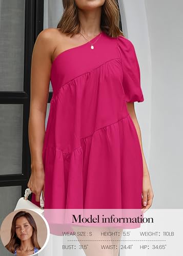 Image of KIRUNDO Summer One Shoulder Mini Baby Doll Dresses Women 2026 Casual Puff Sleeve Loose Tiered A Line Flowy Short Dress