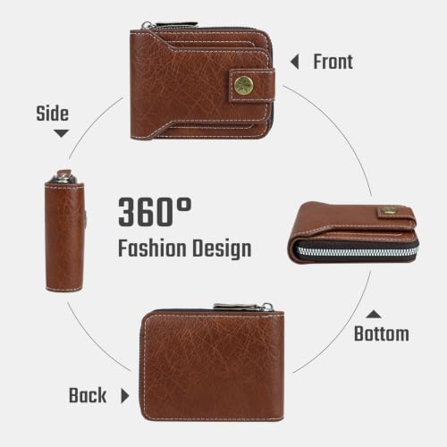 Image of Men Wallet, Vintage PU Leather Multi-Card Zipper Wallet with 8 Card Slots and Coin Pocket Large Capacity Buckle Credit Card Holder Wallet with Zipper (C, Dark Brown)