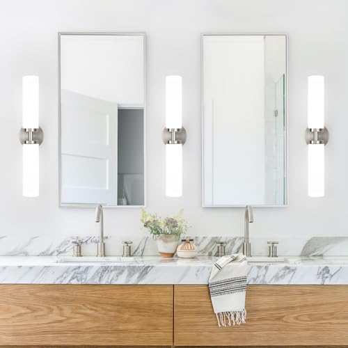 Image of Wall Sconces Set of Two, Brushed Nickel Gold Bathroom Sconces Wall Lighting with Milky White Glass, Hardwired Modern Sconces Wall Decor Set of 2 Bathroom Light Fixtures for Mirror Living Room Bedroom