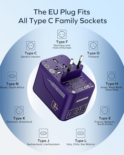 Image of MOMAX Universal Plug Adapter 70W GaN, Travel Adapter for Vision Pro USB 2A 2C, Adapter for International France to USA Canada UK Australia China Japan