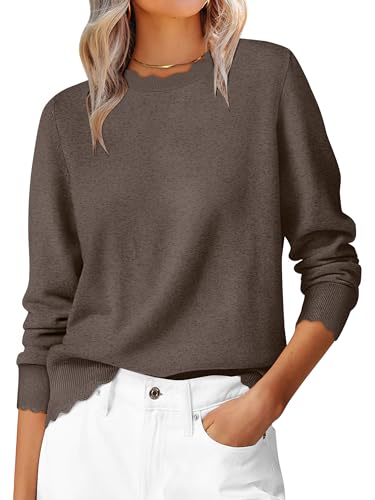 ANRABESS Womens Long Sleeve Sweaters Loose Fit Lightweight Scalloped Knit