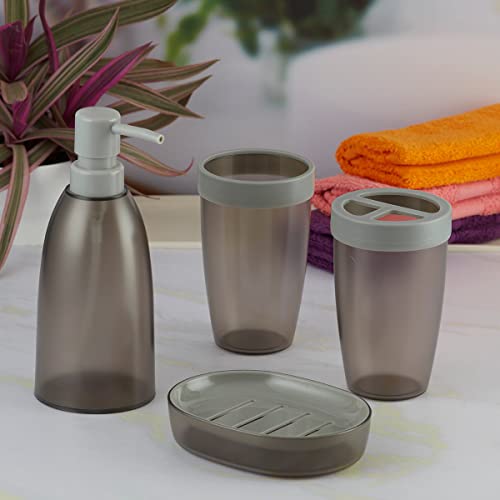Image of Kookee Acrylic Bathroom Set - Stylish 4 Piece Bath Accessories Kit with Soap Dispenser, Toothbrush Holder, Tumbler & Soap Dish - Modern & Designer Decor for Home & Guest Bathrooms (8663)