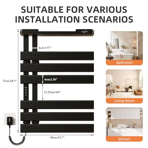 Miniatura 6 de Wrjahcg Toallero Electrico Baño De Pared,Secador Toallas Baño Electrico Inteligente Wifi,Radiador Calentador De Toallas Con Estante Y Pantalla Led,Control Por Voz,6 Postes Ensanchados,Negro