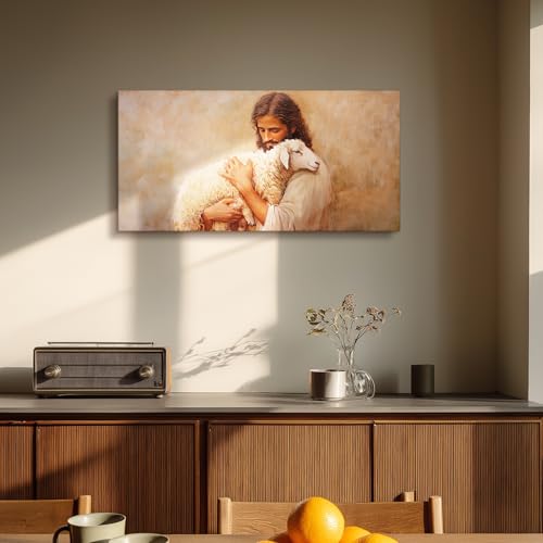 SERIMINO Jesus and Lamb Large Wall Art, Christian Art Wall Decor for Serenity Prayer, Bible Parable of the Lost Sheep Religious Art Prints, The Good Shepherd Pictures for Living Room Bedroom 20"X40"