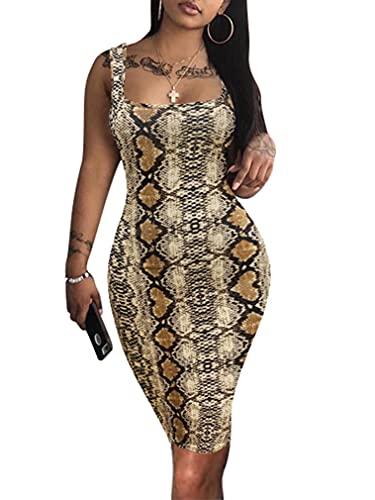 LAGSHIAN Women s Sexy Bodycon Tank Dress Sleeveless Basic Midi Club Dresses Snake Print