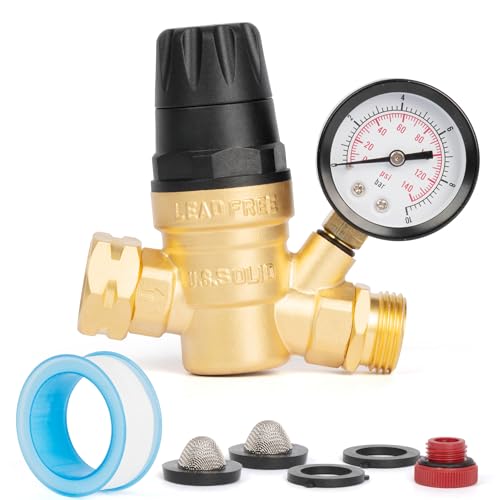 Image of U.S. Solid 3 /4 in GHT RV Water Pressure Regulator, Handwheel-Adjustable Lead-Free Brass, 45 psi Preset, 0-140 psi Gauge, Stainless Filter, for RV Camper Trailer and Garden Hose
