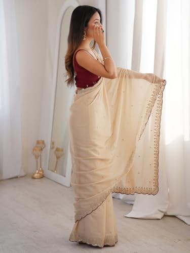 Image of AKHILAM Women's Shimmer Off White Georgette Sequence Embroidery Saree With Unstitched Blouse Piece