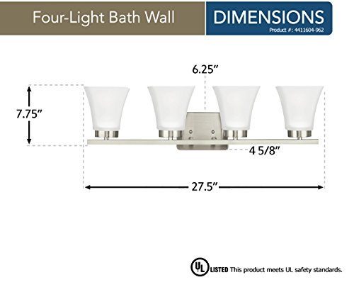 Image of Sea Gull Lighting 4411604-962 Bayfield Four-Light Bath or Wall Light Fixture with Satin Etched Glass Shades, Brushed Nickel Finish