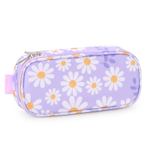Image of mibasies Girls Pencil Case for Kids, Multi-Slot Pencil Pouch, Daisy Purple