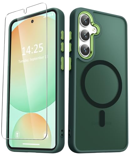 YENAPOON for Samsung Galaxy S25 Case, Matte Magnetic Phone Case with 1 Screen Protector, Support for Magsafe, Translucent Frosted Shockproof Protective Cover for Samsung Galaxy S25, Dark Green