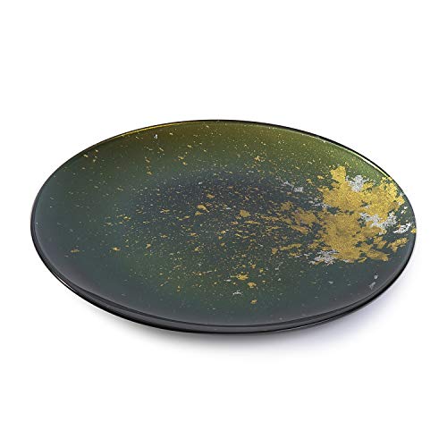 Syosaku Japanese Urushi Glass Flat Dinner Plate Φ11-inch Majestic Green with Gold Leaf, Dishwasher Safe, Flat Dinner 11-inch (28cm) - Image 3