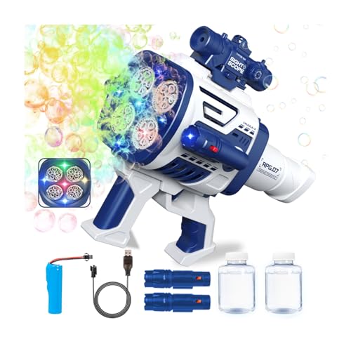 Bubble Machine Gun for Kids - Colorful Lights, 20-Hole Rechargeable Electric Bubble Blaster Shooter, Outdoor Toys Gifts for Boys Girls