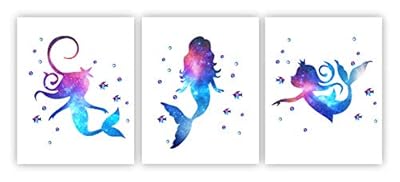 Mermaid Poster Set of 4 Mermaid Watercolor Print Mermaid Wall Art Girls Bathroom Decor Art Kids Room Wall Decor (UNFRAMED)