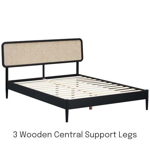 Image of NTC Lupin Wooden Bed Frame with Headboard and Natural Rattan, Solid Oak Foundation with Silent Slats, 1000 Lb Capacity, Effortless Assembly, Queen - Burnt Black